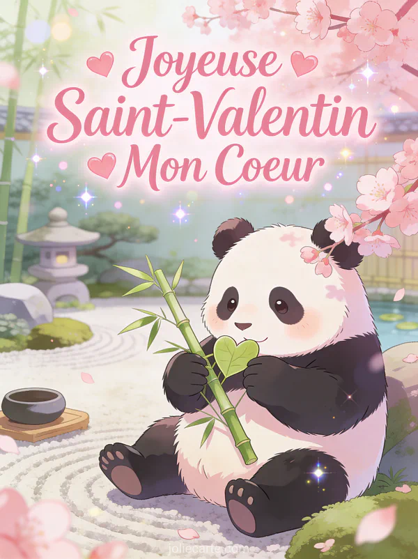 Joyeuse Saint-Valentin Mon Cœur avec panda mignon parmi les cerisiers en fleurs dans un jardin zen