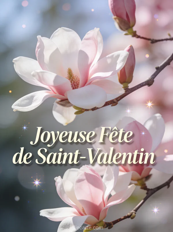 Joyeuse Fête de Saint-Valentin avec branche de magnolias roses et blancs dans la lumière printanière