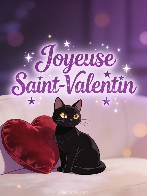 Joyeuse Saint-Valentin avec chat noir aux yeux dorés assis près d'un coussin cœur en velours rouge