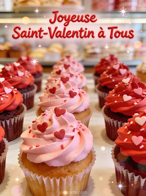 Joyeuse Saint-Valentin à Tous avec cupcakes au glaçage rose et rouge décorés de cœurs