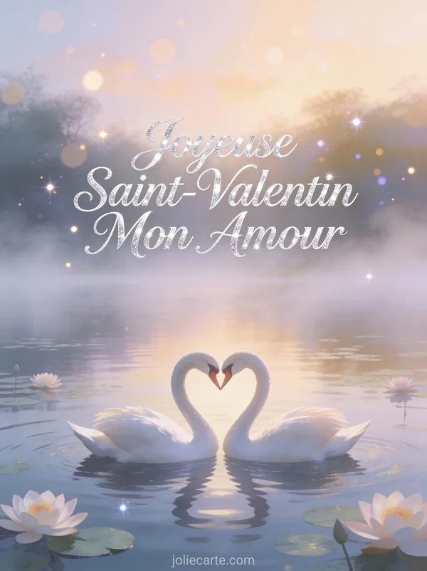 Gif animé Joyeuse Saint-Valentin Mon Amour avec deux cygnes formant un cœur sur un lac aux nénuphars