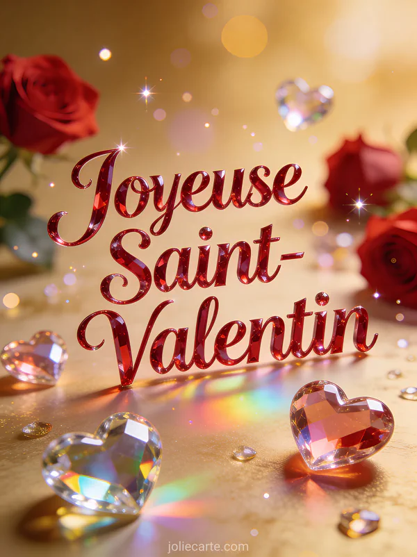 Cœur Joyeuse Saint-Valentin avec cœurs en verre reflétant la lumière arc-en-ciel et roses rouges