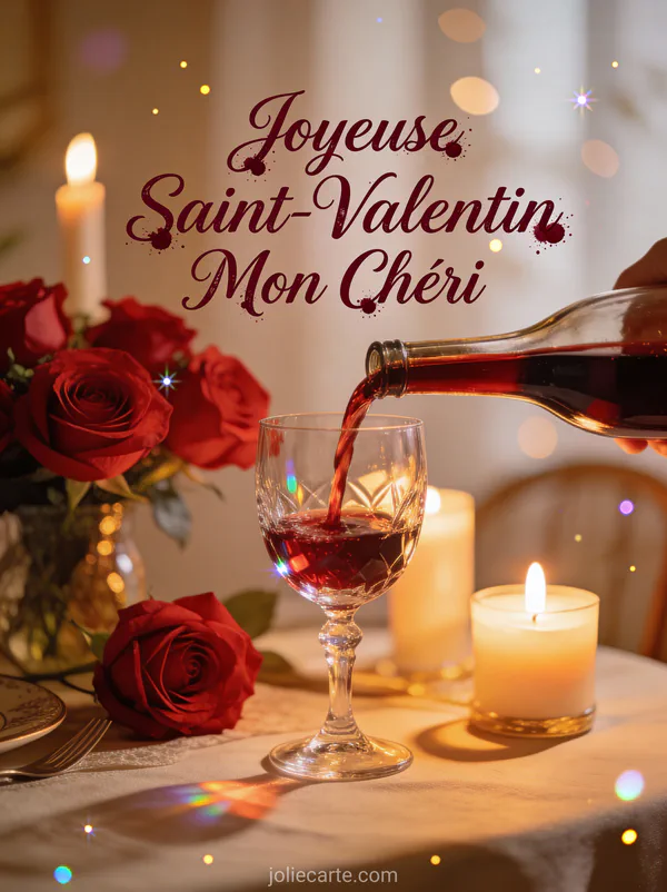 Joyeuse Saint-Valentin Mon Chéri avec verre de vin rouge versé, roses et bougies pour un dîner romantique