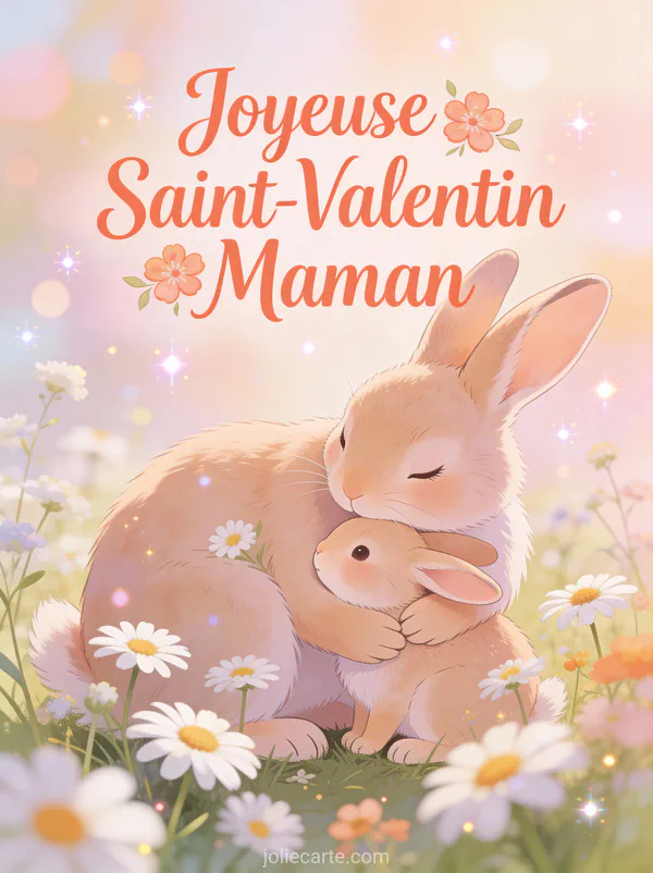 Joyeuse Saint-Valentin Maman avec maman lapin câlinant son petit parmi les marguerites et fleurs sauvages