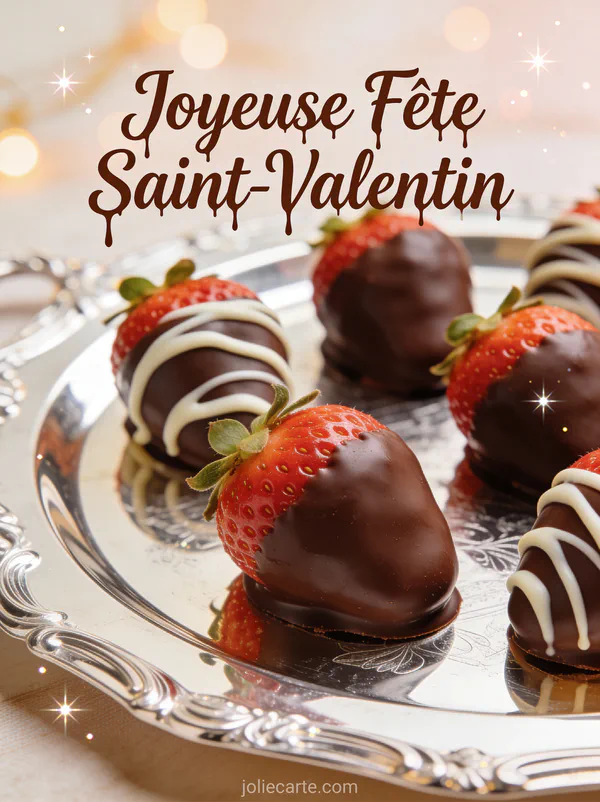Joyeuse Fête Saint-Valentin avec fraises enrobées de chocolat noir et blanc sur plateau argenté