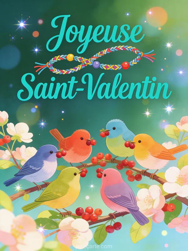 Joyeuse Saint-Valentin Pour les Amis avec oiseaux colorés partageant des baies sur une branche fleurie
