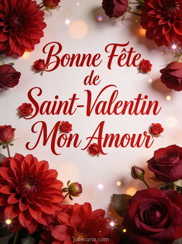 Bonne Fête de Saint-Valentin Mon Amour avec dahlias rouges profonds et roses bordeaux dans une lumière romantique