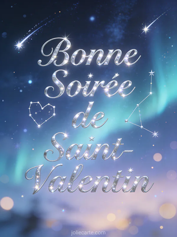 Bonne Soirée de Saint-Valentin avec constellation en forme de cœur, étoiles filantes et aurore boréale