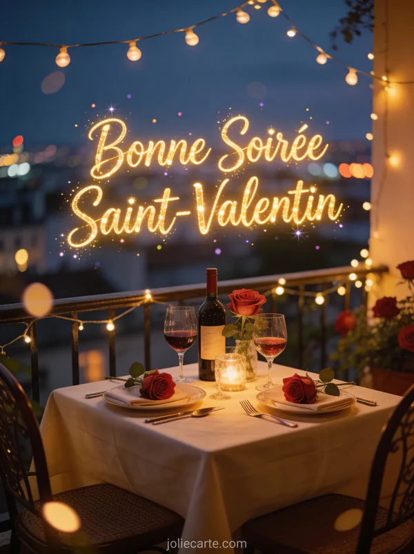 Bonne Soirée Saint-Valentin avec terrasse romantique aux guirlandes lumineuses, vin et roses, vue sur la ville