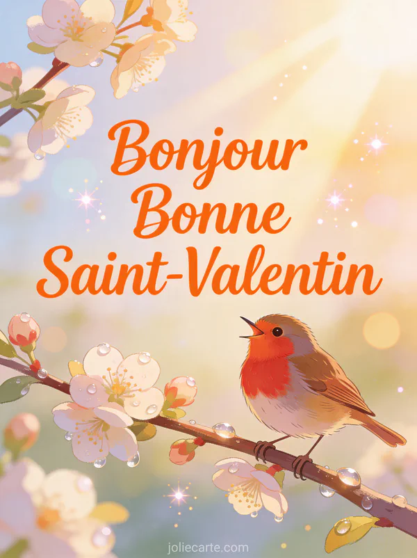 Bonjour Bonne Saint-Valentin avec rouge-gorge chantant sur branche fleurie au lever du soleil