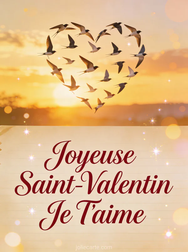 Joyeuse Saint-Valentin Je T'aime avec nuée d'hirondelles formant un cœur dans le ciel doré du coucher de soleil