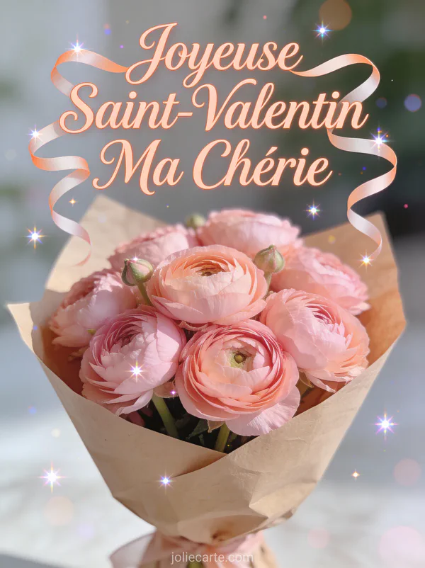 Joyeuse Saint-Valentin Ma Chérie avec bouquet de renoncules roses dans papier kraft sous lumière douce