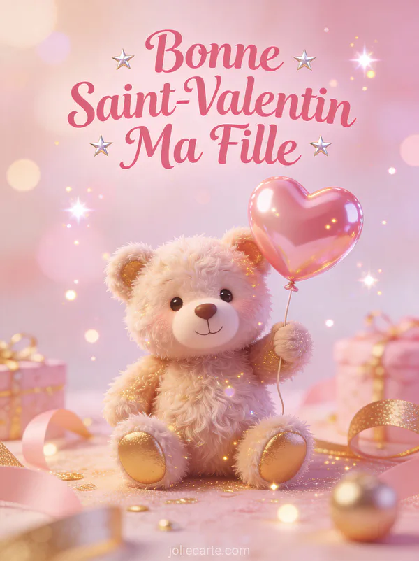 Bonne Saint-Valentin Ma Fille avec ours en peluche tenant un ballon cœur dans un décor rose et or