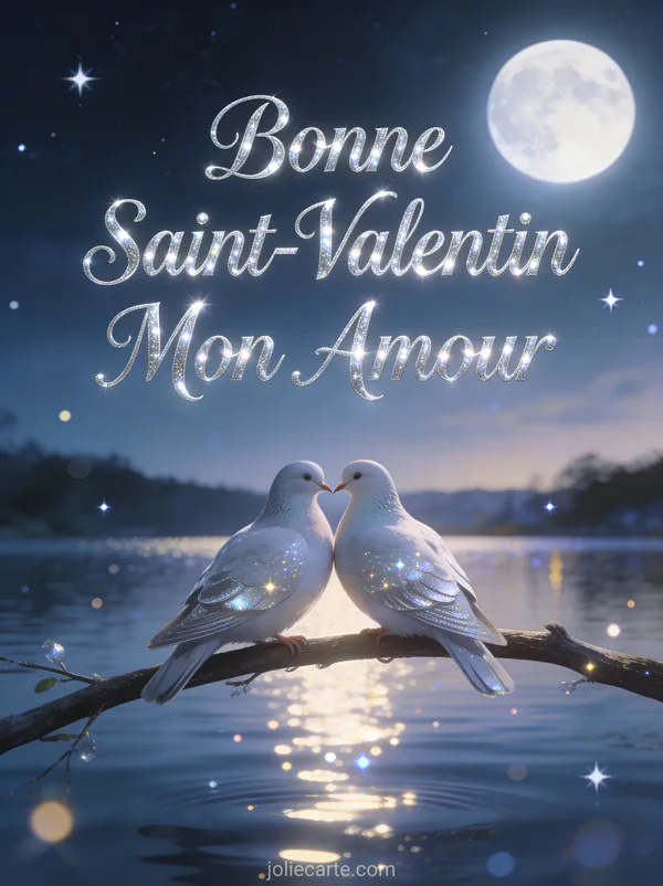 Gif animé Bonne Saint-Valentin Mon Amour avec colombes sur branche au clair de lune et reflets sur le lac