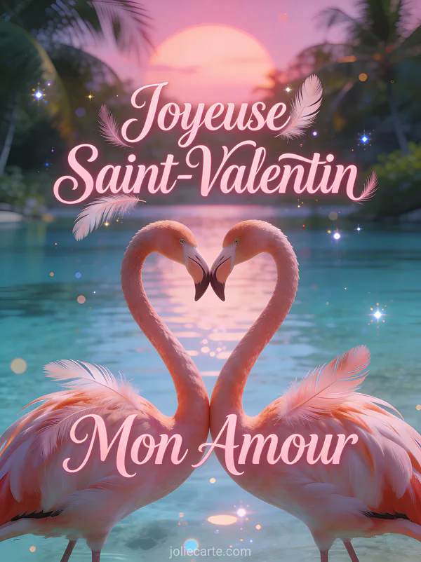 Image Joyeuse Saint-Valentin Mon Amour avec flamants roses formant un cœur sur lagon tropical au coucher du soleil