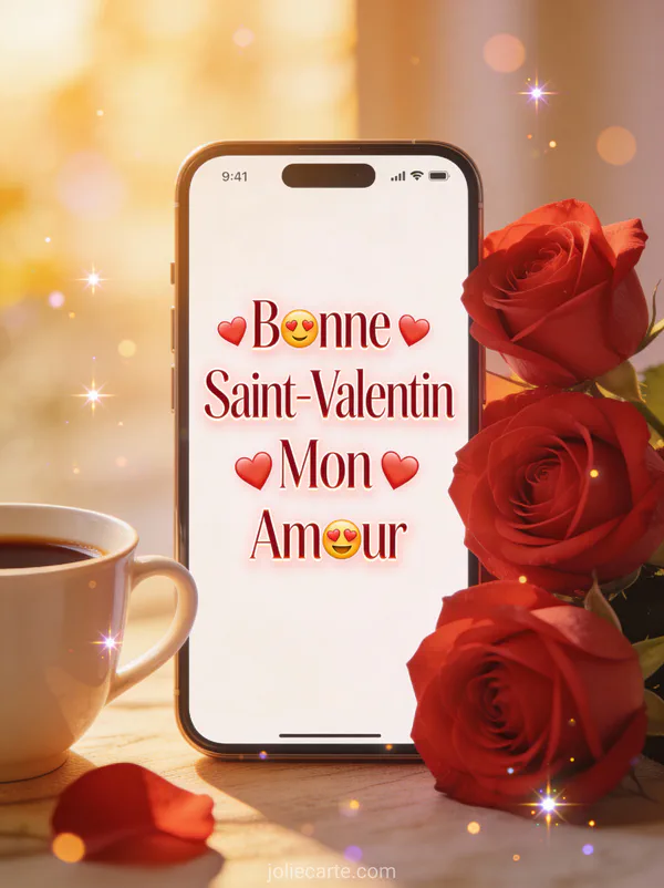 SMS Bonne Saint-Valentin Mon Amour avec smartphone affichant un message d'amour, roses et café