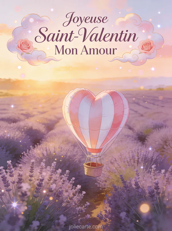 Romantique Joyeuse Saint-Valentin Mon Amour avec montgolfière cœur survolant des champs de lavande au lever du soleil