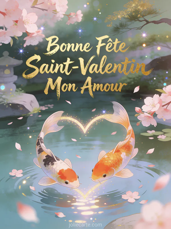 Bonne Fête Saint-Valentin Mon Amour avec carpes koï nageant en forme de cœur sous cerisiers en fleurs