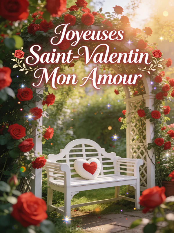 Joyeuses Saint-Valentin Mon Amour avec pergola de roses rouges grimpantes et banc blanc au coussin cœur