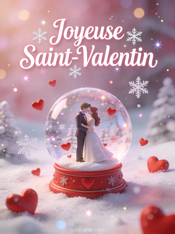 Joyeuse Image Saint-Valentin Romantique avec boule à neige magique et cœurs rouges flottant comme des flocons