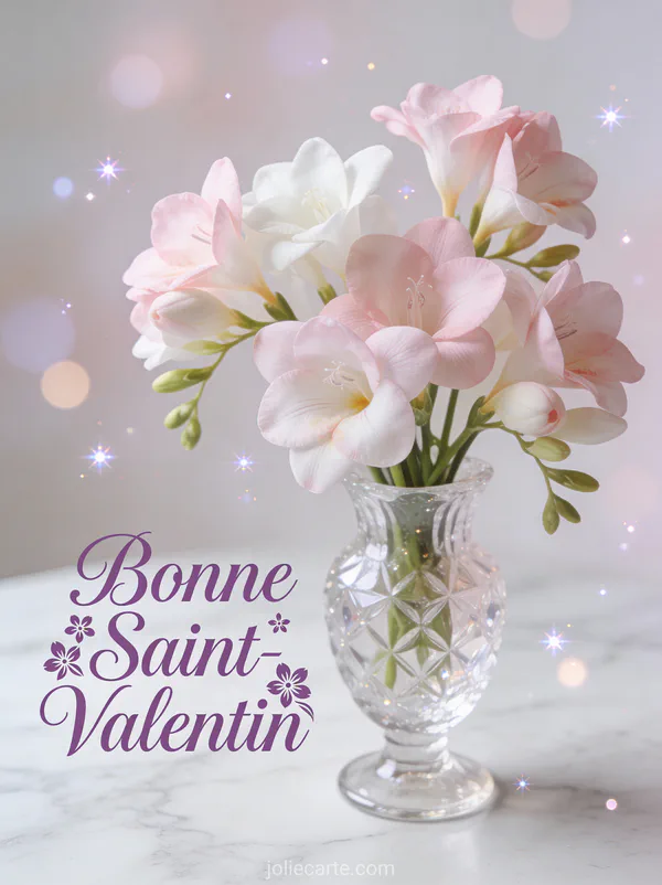 Texte Bonne Saint-Valentin avec arrangement de freesias roses et blancs dans vase de cristal sur marbre