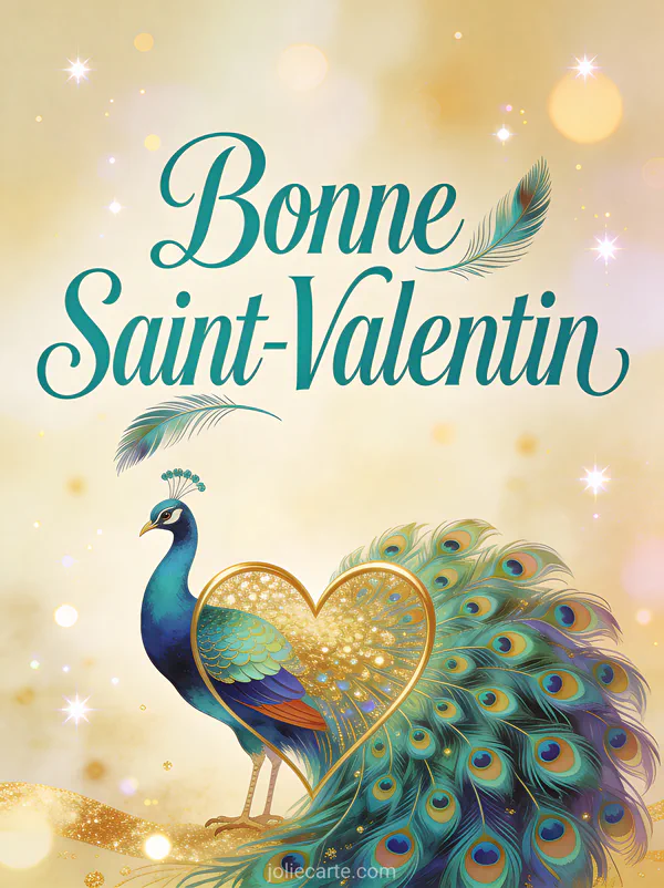 Souhaiter Bonne Saint-Valentin à une Amie avec paon aux plumes iridescentes déployées en forme de cœur