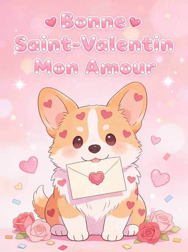 Adorable corgi avec des taches en forme de cœur tenant une lettre d'amour style kawaii avec le texte Bonne Saint-Valentin Mon Amour