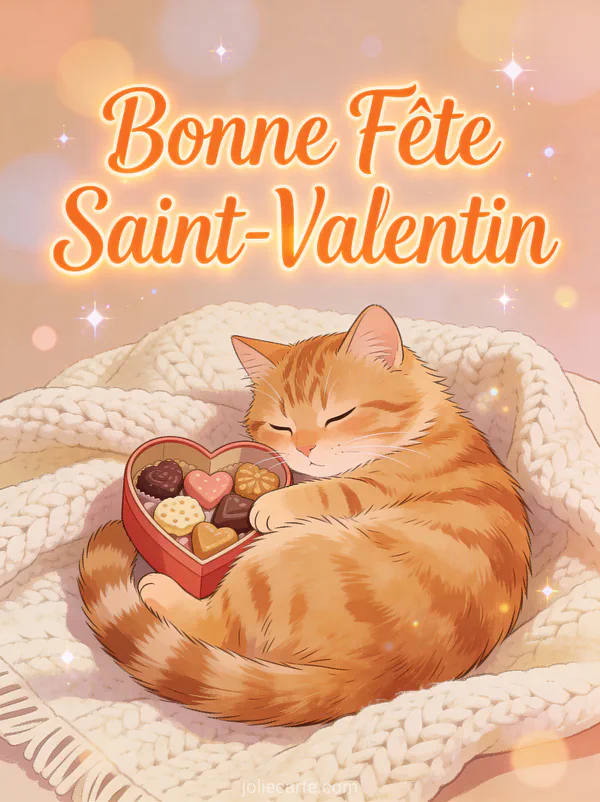 Chat roux tigré pelucheux lové sur un plaid avec une boîte de friandises en forme de cœur et le texte Bonne Fête Saint-Valentin