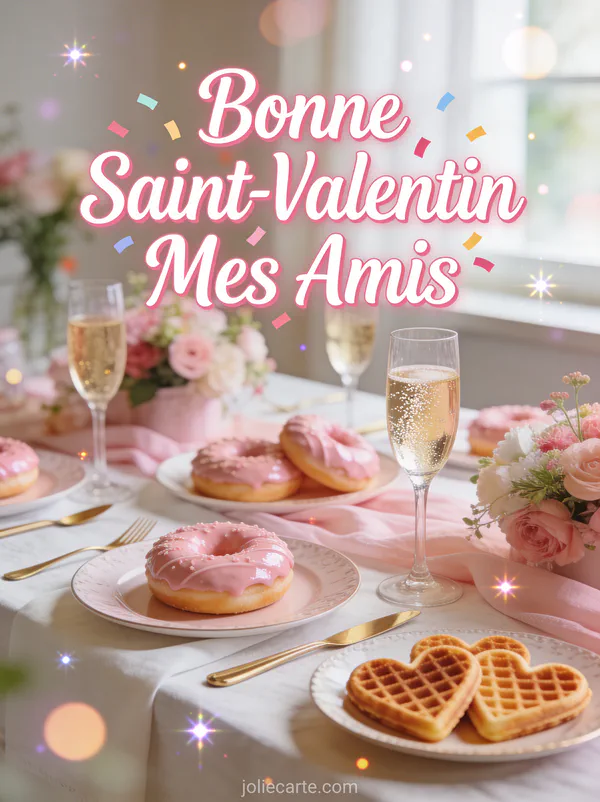 Bonne Saint-Valentin Mes Amis avec table de brunch festif, pâtisseries roses, champagne et gaufres cœur