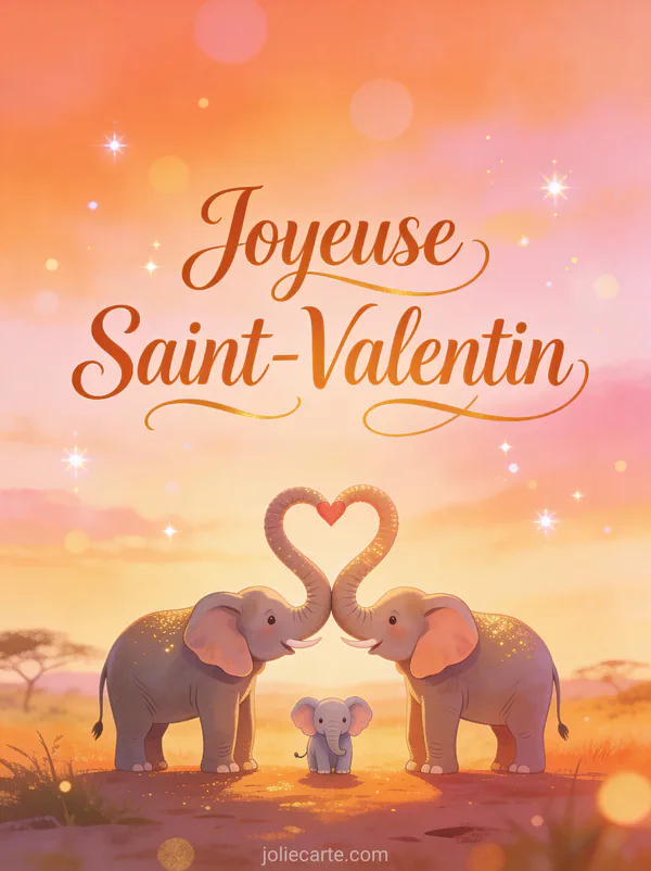 Joyeuse Saint-Valentin Famille avec famille d'éléphants aux trompes formant des cœurs au coucher du soleil