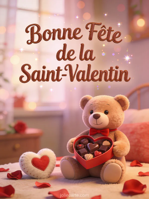 Ourson en peluche avec nœud papillon rouge tenant une boîte de chocolats en forme de cœur avec le texte Bonne Fête de la Saint-Valentin