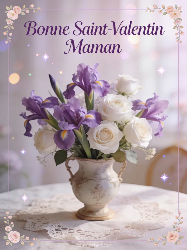 Bouquet d'iris violets et roses blanches dans un vase vintage sur nappe en dentelle avec le texte Bonne Saint-Valentin Maman