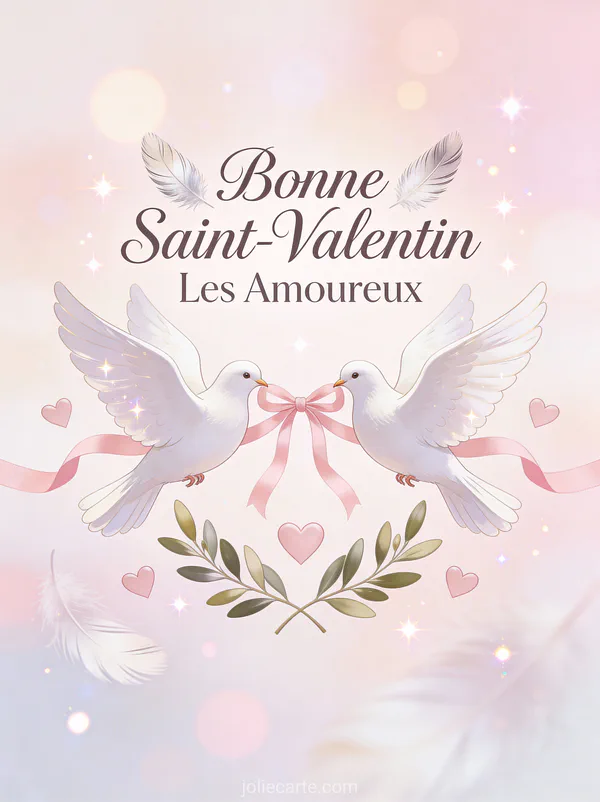 Bonne Saint-Valentin Les Amoureux avec tourterelles blanches reliées par un ruban rose et branche d'olivier