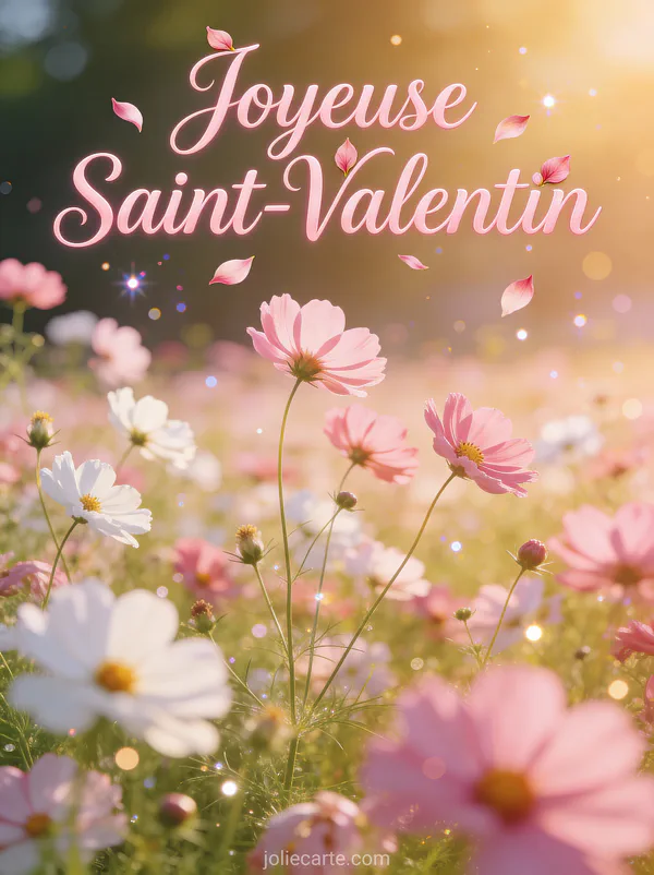 Joyeuse Saint-Valentin Image Gratuite avec champ de cosmos roses et blancs dans la lumière dorée du soir