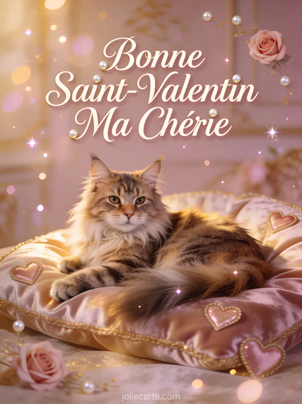 Magnifique chat maine coon au pelage soyeux allongé sur un coussin de velours avec décor de cœurs et le texte Bonne Saint-Valentin Ma Chérie