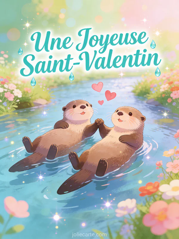Une Joyeuse Saint-Valentin avec couple de loutres se tenant la main sur l'eau avec cœurs flottants