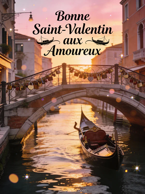 Bonne Saint-Valentin aux Amoureux avec canal de Venise au coucher du soleil, pont aux cadenas et gondole