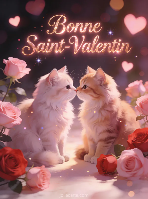 Deux chats adorables se touchant le nez entourés de roses roses et rouges avec texte Bonne Saint-Valentin