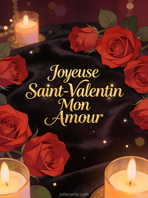 Roses rouges élégantes sur fond velours sombre avec le texte Joyeuse Saint-Valentin Mon Amour en lettres dorées