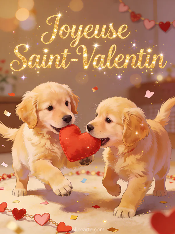Deux chiots golden retriever jouant avec un cœur rouge et confettis avec texte Joyeuse Saint-Valentin
