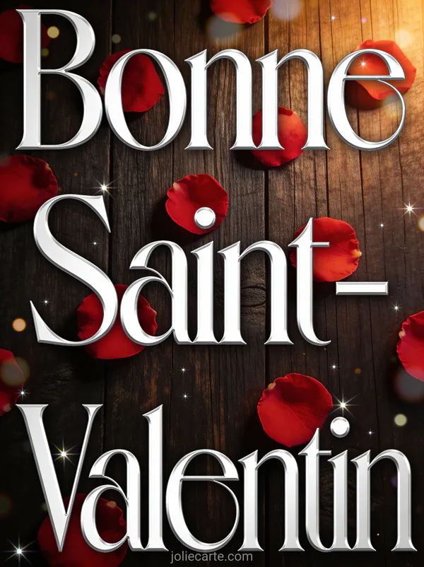 Pétales de rose rouges éparpillés sur fond de bois sombre avec le texte Bonne Saint-Valentin en lettres argentées