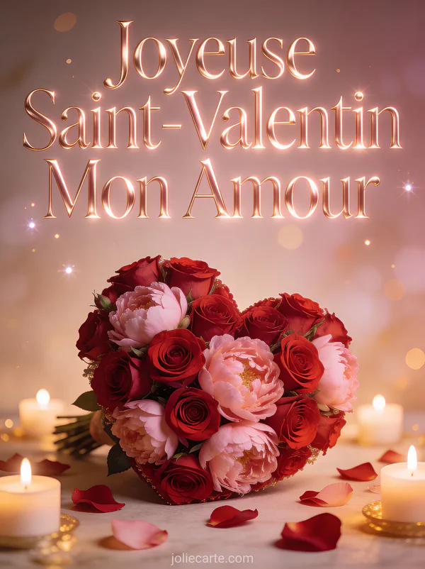 Bouquet de roses rouges et pivoines roses en forme de cœur avec le texte Joyeuse Saint-Valentin Mon Amour