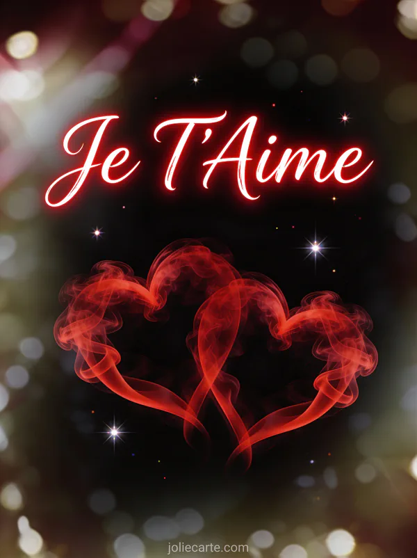 Deux cœurs entrelacés en fumée rouge sur fond noir avec le texte Je T'Aime en écriture manuscrite lumineuse