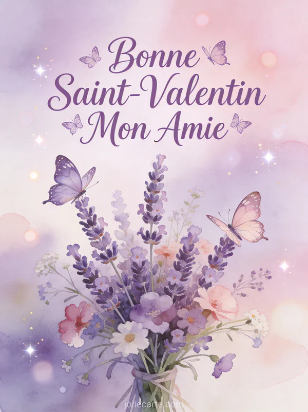 Deux papillons gracieux autour de lavande et fleurs sauvages avec texte Bonne Saint-Valentin Mon Amie