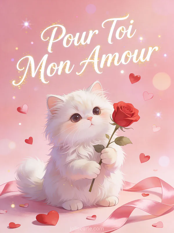 Chat persan blanc tenant une rose rouge entouré de confettis en forme de cœur avec le texte Pour Toi Mon Amour
