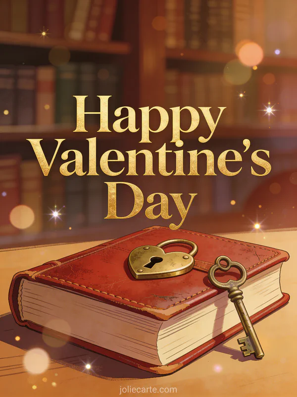 Livre ancien en cuir rouge avec cadenas en forme de cœur et clé en laiton texte Happy Valentine's Day doré