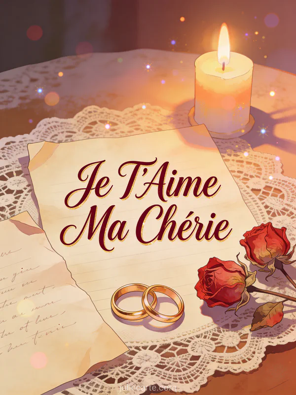 Lettre d'amour vintage avec roses séchées et alliances dorées avec le texte Je T'Aime Ma Chérie