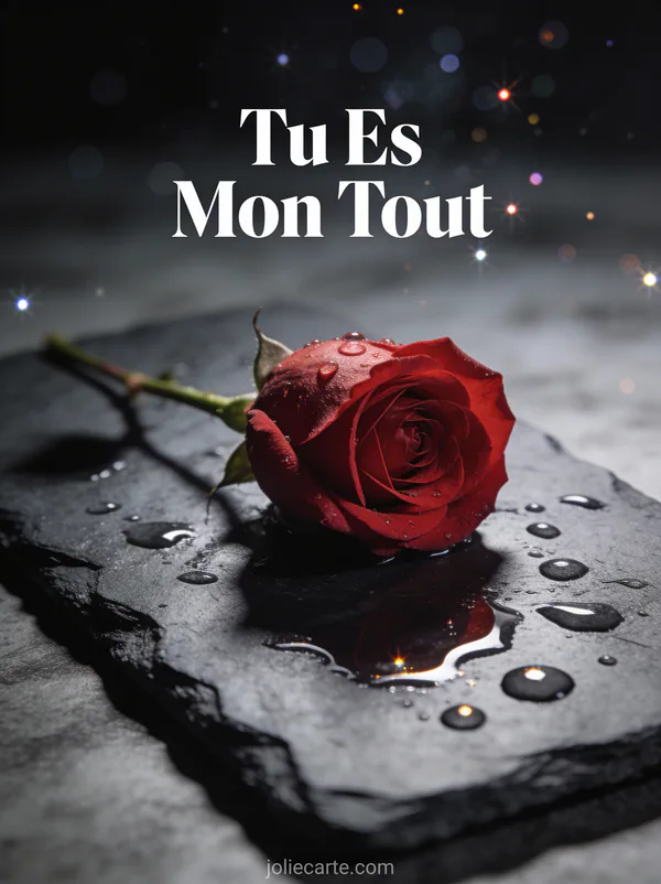 Rose rouge parfaite posée sur ardoise sombre avec gouttes d'eau et texte Tu Es Mon Tout en typographie blanche