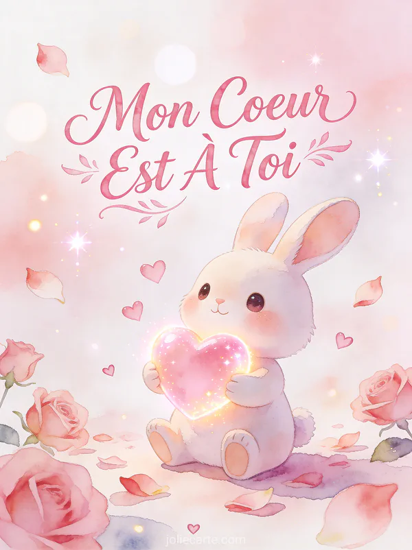 Lapin cartoon mignon tenant un cœur rose lumineux entouré de pétales de rose avec le texte Mon Cœur Est À Toi