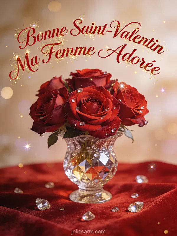 Bouquet luxueux de roses rouges dans un vase en cristal sur fond velours rouge avec le texte Bonne Saint-Valentin Ma Femme Adorée